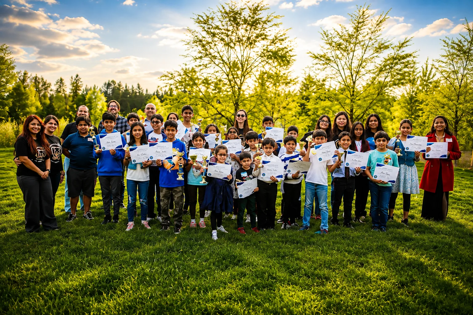 PopSmart Academy students celebrating with awards and certificates outdoors